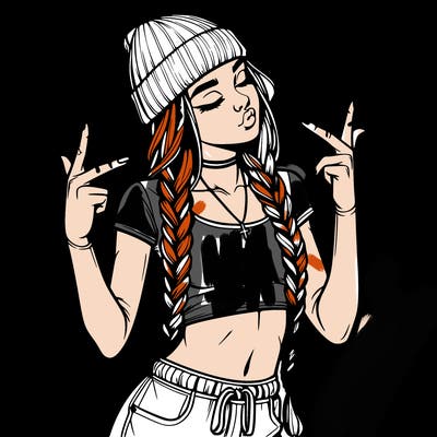 realistic teenage girl with braids and a beanie and crop top doing 🫶🏼