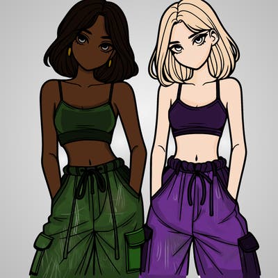 two girls with crop top with baggy pants
