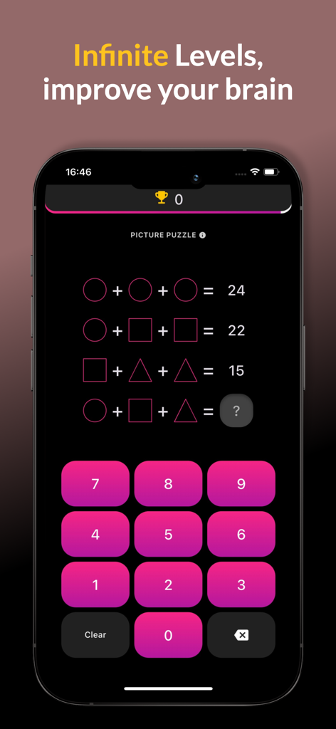PlayWell - Play and earn - PlayWell app interface showing a math picture puzzle with geometric shapes and a number pad for brain training.