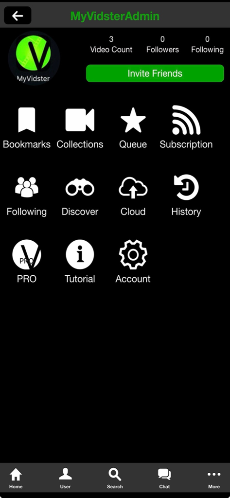 MyVidsterPRO - MyVidsterPRO user menu screen featuring icons for bookmarks collections and video queue