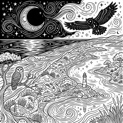 Embark on a serene coloring journey with this exquisite depiction of barrier islands bathed in moonlight. Featuring mystical owls and a guiding lighthouse, it promises a tranquil artistic escape for all ages.