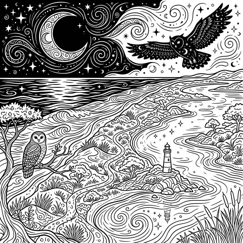 Embark on a serene coloring journey with this exquisite depiction of barrier islands bathed in moonlight. Featuring mystical owls and a guiding lighthouse, it promises a tranquil artistic escape for all ages.