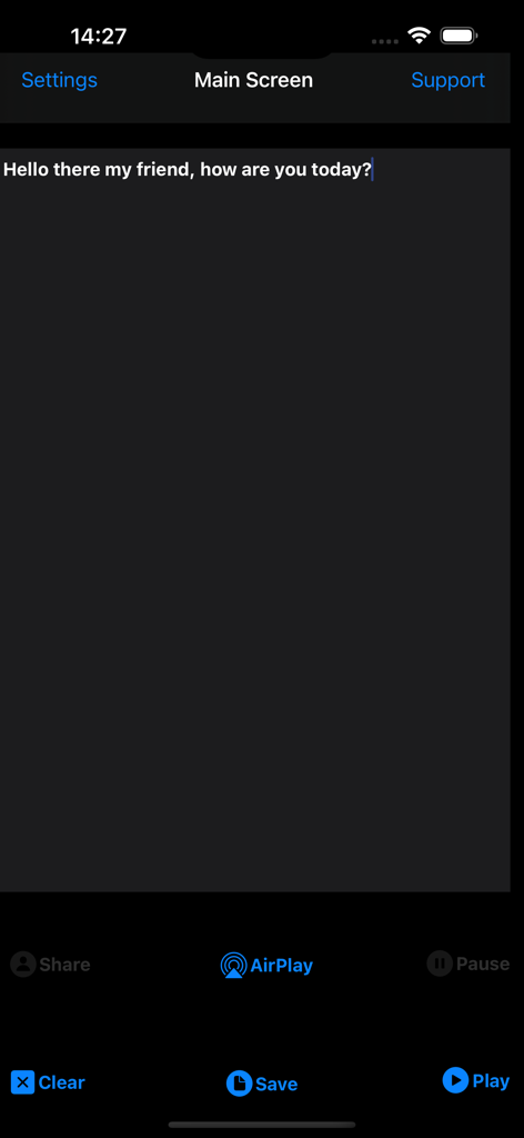 Robot Talk - Robot Talk app main screen showing a text box with the greeting Hello there my friend how are you today and buttons for AirPlay Save and Play