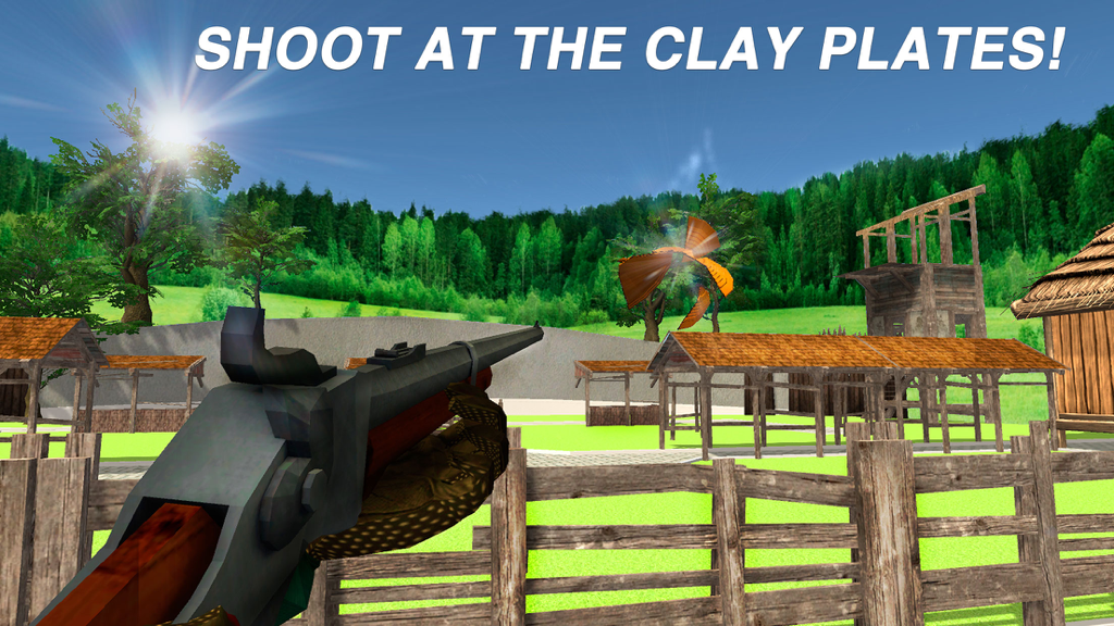 First person perspective of a player shooting a clay plate in an outdoor 3D shooting range
