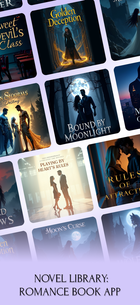 A grid of romance novel book covers in the Novel Library app featuring various romantic themes.