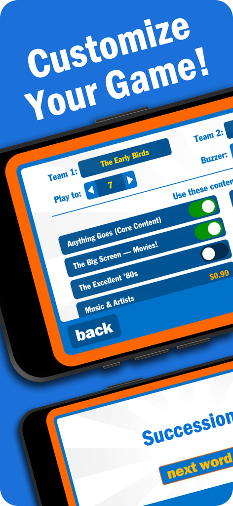 Phrase Frenzy - Catch It! - Screenshot of the game customization screen in Phrase Frenzy showing team names and word categories.