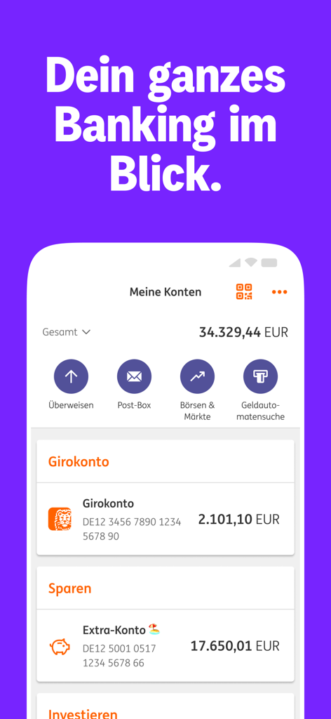 ING Deutschland mobile banking app dashboard showing account overview and financial summary