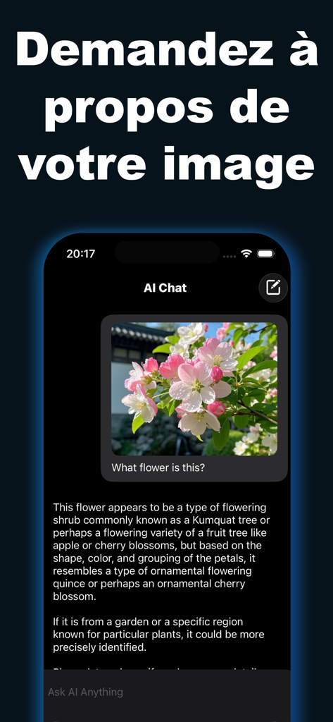 AIChatUltraアプリインターフェース、アップロードされた写真から花を識別するAIを実演