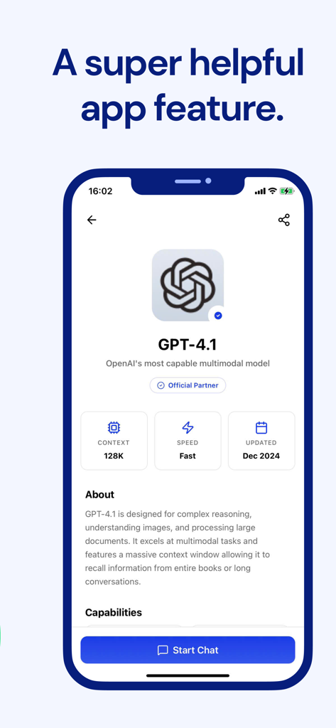 Geny - AI Assistant - Smartphone screen displaying the GPT-4.1 model specifications and capabilities within the Geny AI Assistant app.