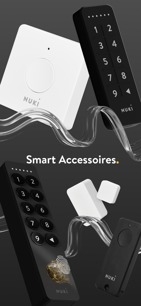 Nuki Smart Lock - Collection of Nuki smart home accessories including keypads with fingerprint sensor, bridge, and door sensors on a dark background.