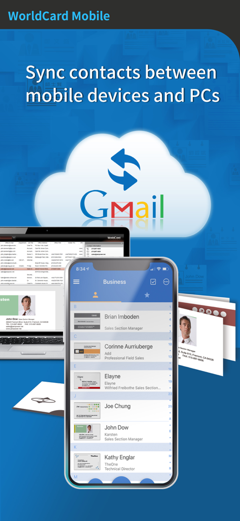 WorldCard Mobile app interface showing contact synchronization between a smartphone and a laptop via Gmail cloud.