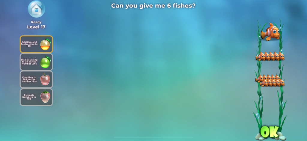 Elephant Learning Math Academy fish counting game interface