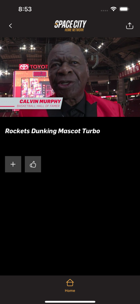 SCHN+ - Interfaz de la aplicación SCHN+ mostrando un video del miembro del Salón de la Fama del Baloncesto Calvin Murphy hablando sobre contenido de los Houston Rockets.
