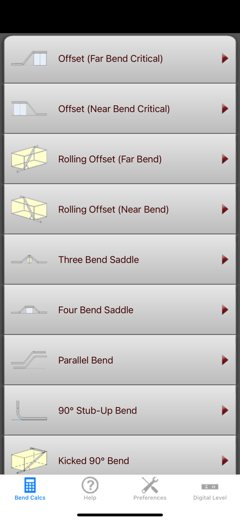 Main menu of the app showing various conduit bend calculation options with technical diagrams