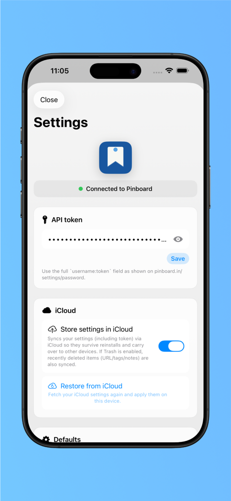 Pinmate for Pinboard - Pinmate app settings showing API token configuration and iCloud sync toggle