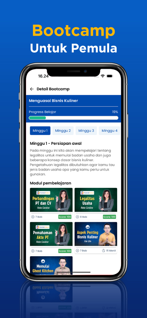 GrowWin by AsahPolaPikir - Uma captura de tela de aplicativo móvel do bootcamp de negócios culinários GrowWin, mostrando módulos de aprendizado semanais e videoaulas para iniciantes