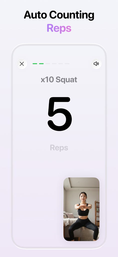 Home Workout: Work Out Routine - Interfaz de la aplicación HomeBod que muestra el conteo automático de repeticiones para un ejercicio de sentadillas con retroalimentación de video en vivo