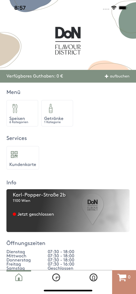 Flavour District - Ecrã principal da aplicação móvel Flavour District mostrando categorias de menu para comida e bebidas, endereço em Viena e horário de funcionamento.