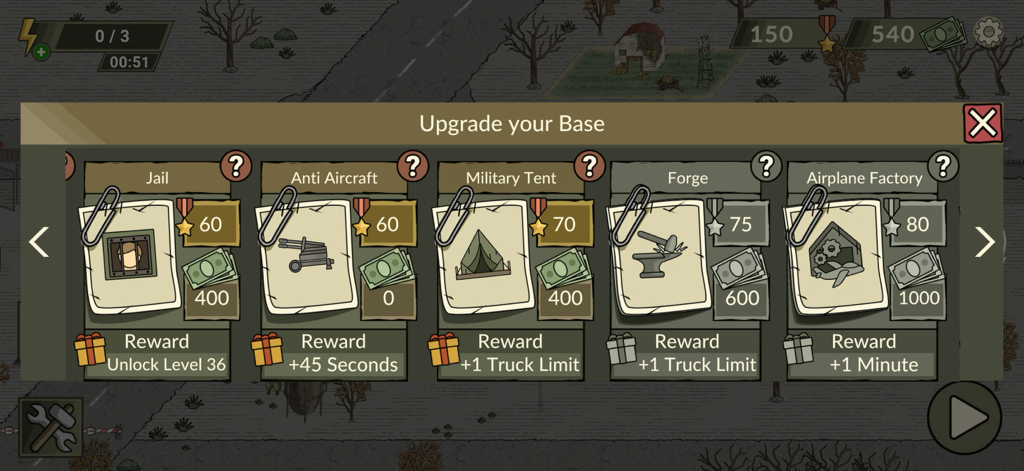 Black Border 2 Lite - Menú del juego que muestra opciones de mejora de la base, incluyendo una cárcel, una antena antiaérea y una tienda de campaña militar en Black Border 2 Lite