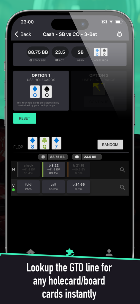 Interface do aplicativo móvel Poker Solver Plus mostrando estratégia GTO e frequências para um cenário de flop