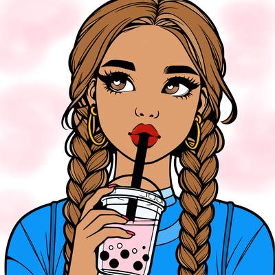 realistic girl with braided hair drinking boba