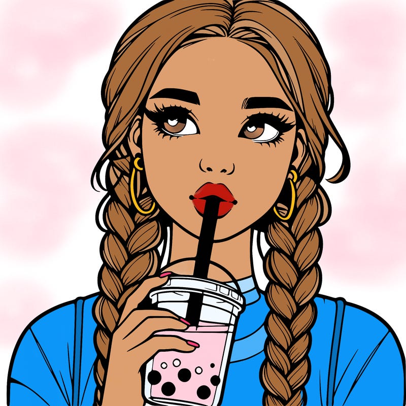 realistic girl with braided hair drinking boba