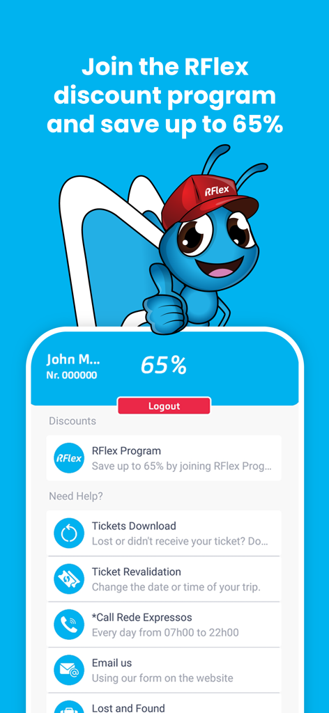 Rede Expressos - Rede Expressos app screen promoting the RFlex loyalty program with up to sixty-five percent discounts