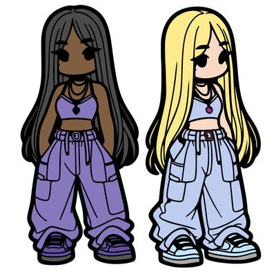 girl in baggy pants crop top and long hair