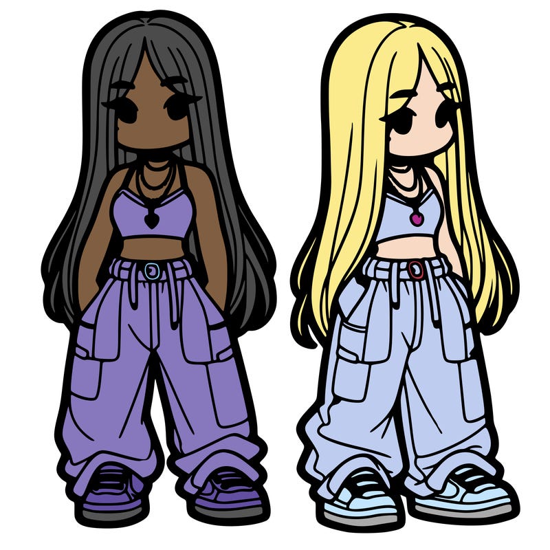 girl in baggy pants crop top and long hair