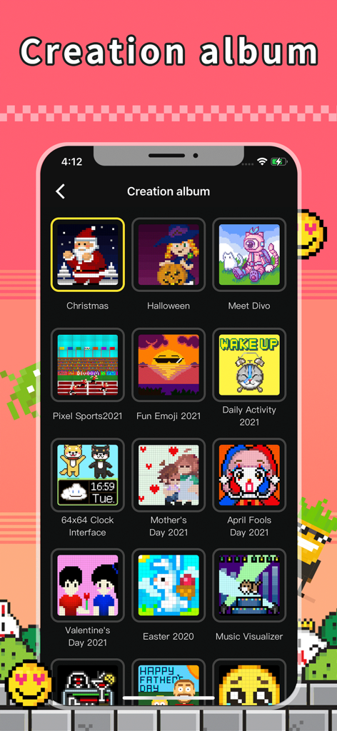 Interface of the Divoom app showing a creation album with various pixel art icons