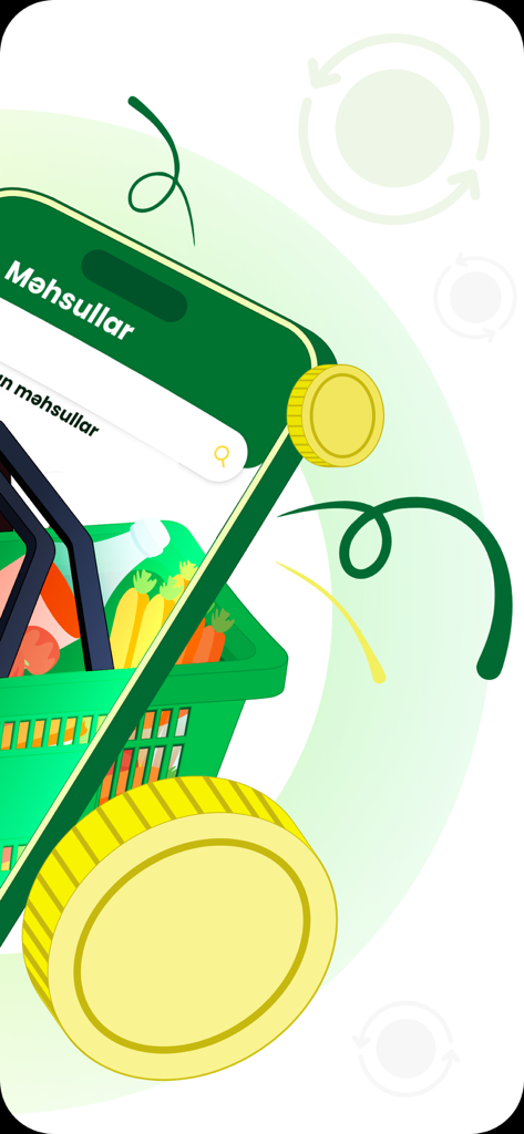 캐시백을 상징하는 쇼핑 바구니와 금화를 특징으로 하는 OBA 마켓 모바일 앱의 그래픽 일러스트레이션.