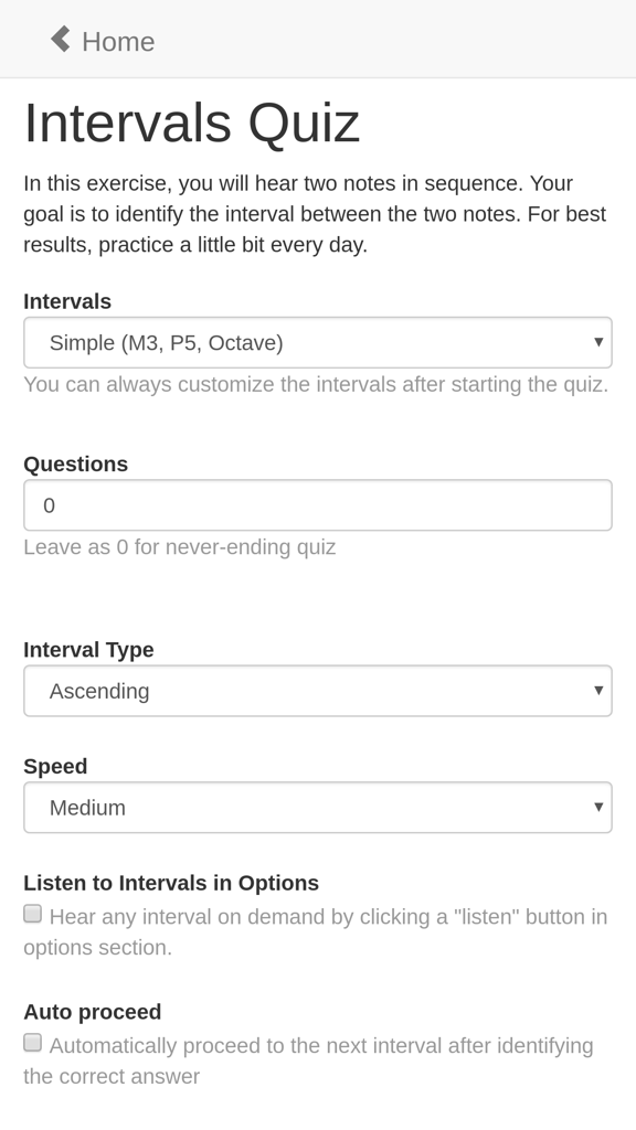 Toned Ear - Intervals Quiz settings screen in the Toned Ear app showing exercise configuration options.