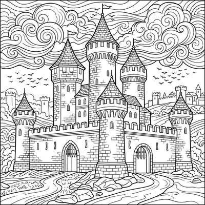 Step into a realm of fantasy and grandeur with this intricate coloring page featuring a magnificent castle adorned with multiple soaring towers. Perfect for those who love medieval architecture and dreaming of ancient stories.