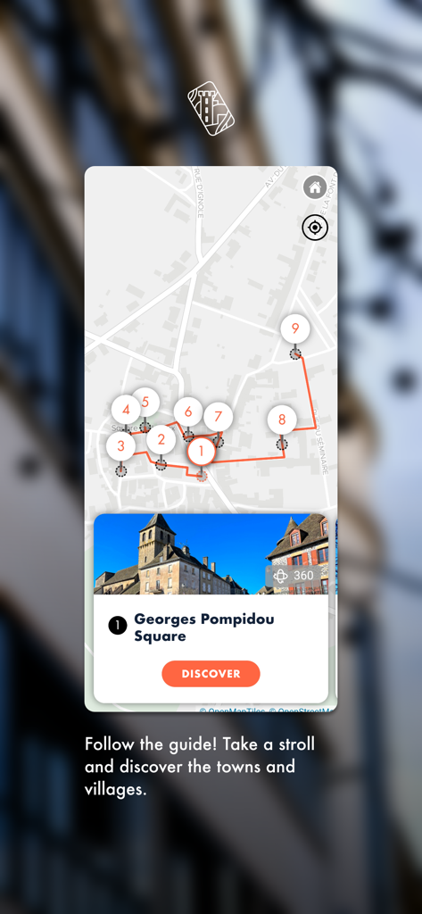 Archistoire - Archistoire app interface showing an interactive map with a numbered walking route and a spotlight on Georges Pompidou Square.