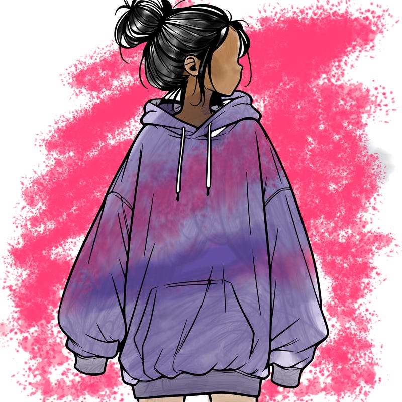 realistic girl with a oversized sweatshirt on and a bun