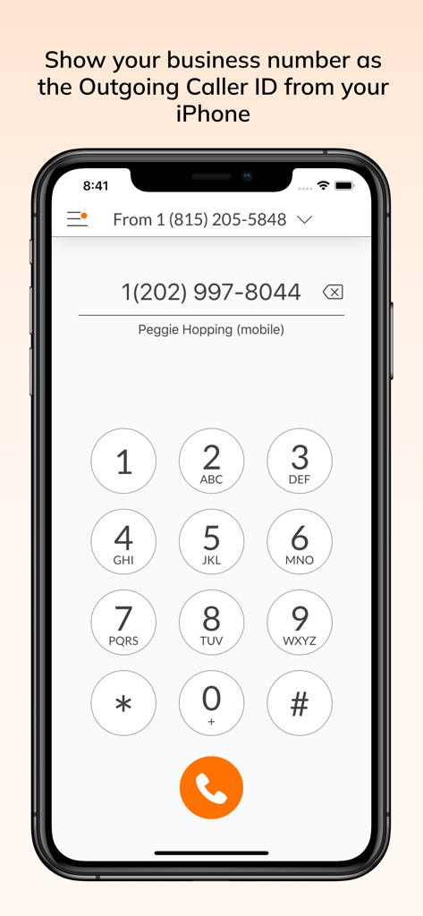 Talkroute app dialer showing business outgoing caller ID on an iPhone.