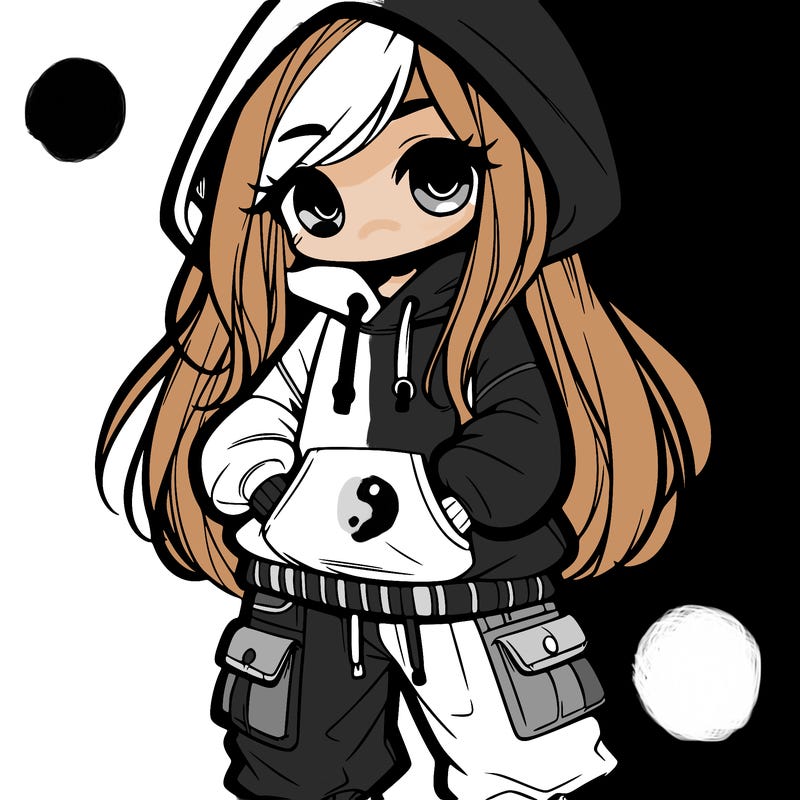 girl with long hair and a oversized hoodie and baggy cargo pants