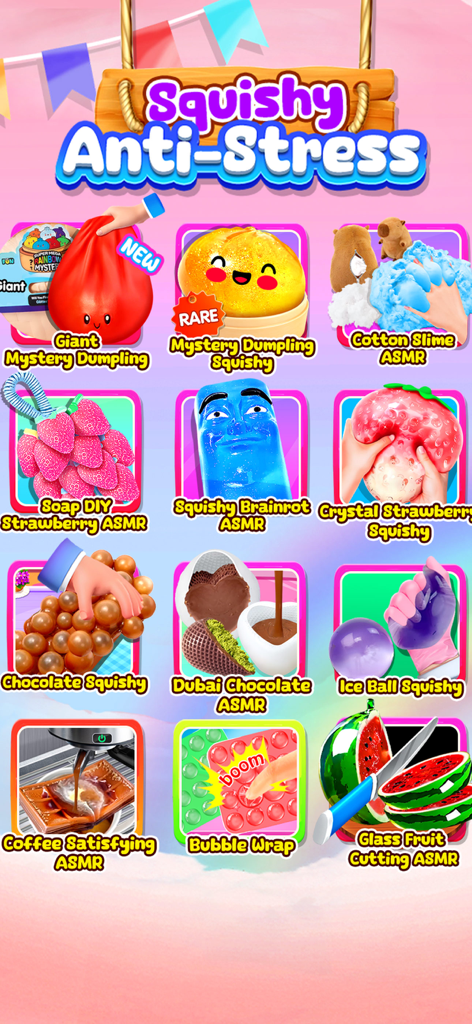A menu of various mini games in the Squishy AntiStress ASMR app featuring mystery dumplings dubai chocolate and soap DIY