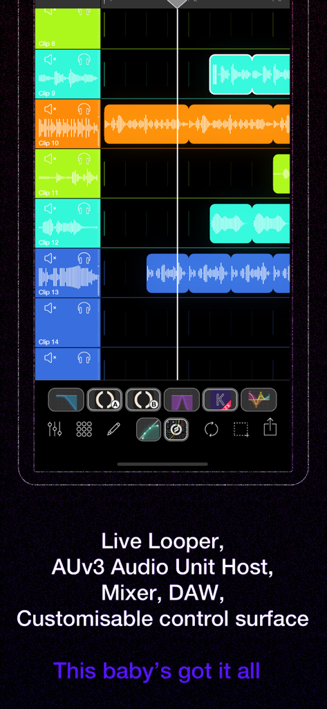 Loopy Pro Oberfläche, die einen Multitrack-Audio-Sequenzer mit bunten Clips zeigt