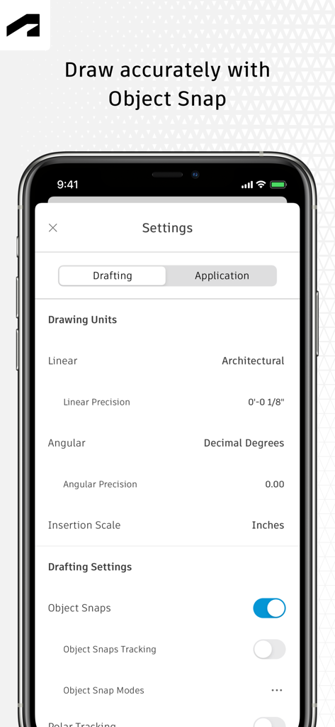 AutoCAD - AutoCADモバイルアプリの設定画面には、精度描画のための製図単位とオブジェクトスナップオプションが表示されています。