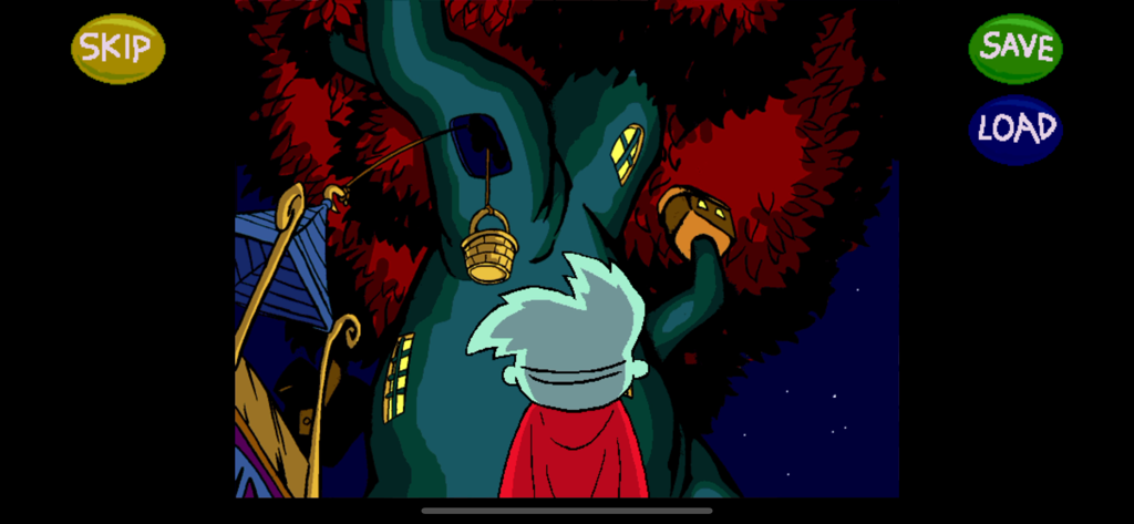 Pajama Sam stands before a large whimsical tree with red leaves in a puzzle scene