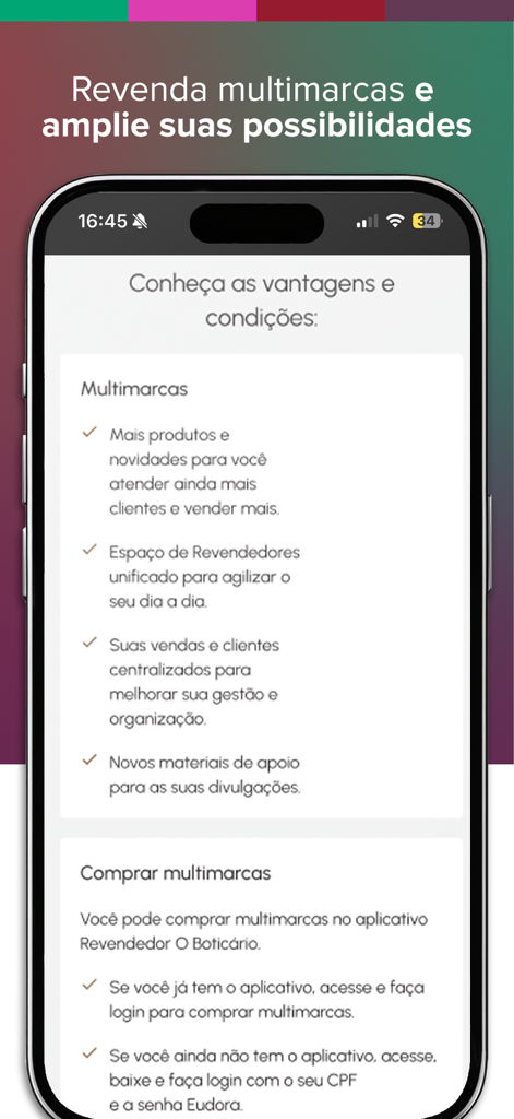 Screenshot of the reseller app showing benefits of selling multiple Brazilian beauty brands