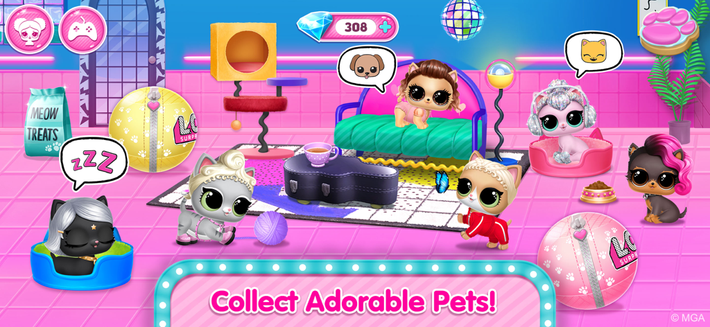 Cartoon pets playing in a vibrant pink room within the LOL Surprise Disco House app