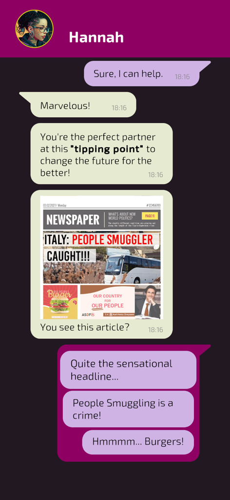 In-game chat interface showing a conversation with Hannah about a fake news newspaper article and dialogue options.