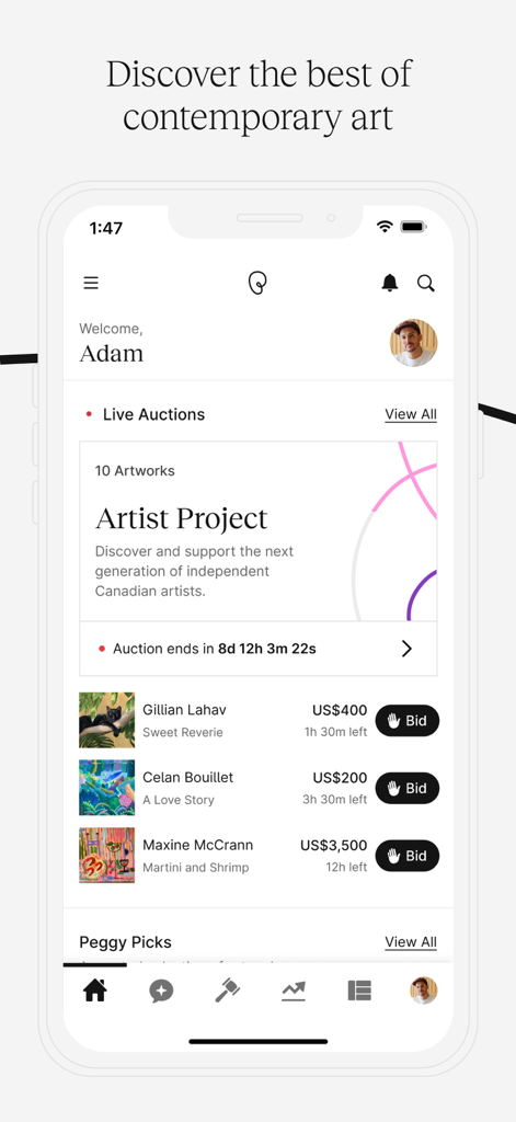 Peggy - Buy and Sell Art - Peggy mobile app interface featuring live auctions for contemporary art and bidding options