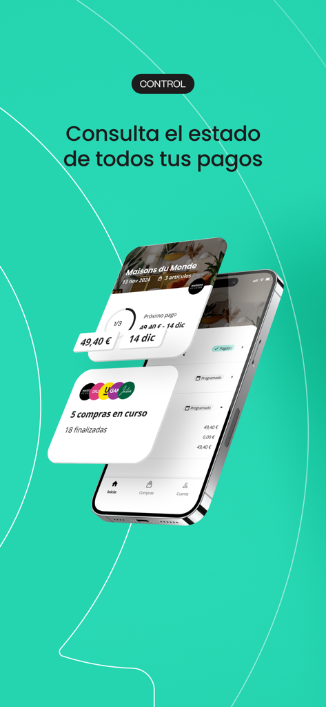 Smartphone mostrando la aplicación SeQura para rastrear pagos mensuales y gastos de compras