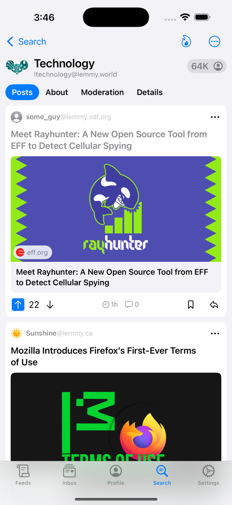 Mlem for Lemmy - Screenshot of the Mlem for Lemmy app displaying a news feed in the Technology community with posts about open source tools and Mozilla Firefox.
