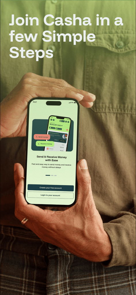 Casha: Mobile Banking - A person holding a smartphone showing the Casha mobile banking app welcome screen