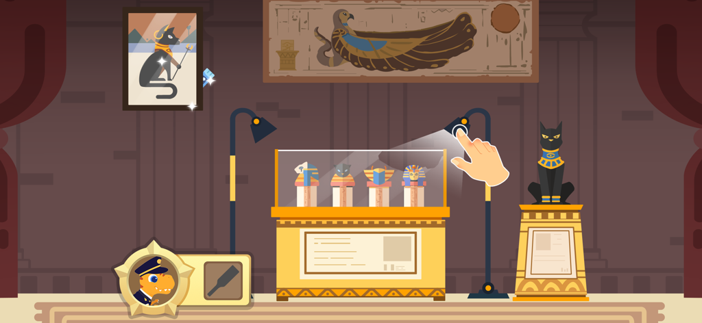 博物館の設定で、エジプトの工芸品やインタラクティブな手がかりを調査する探偵恐竜。