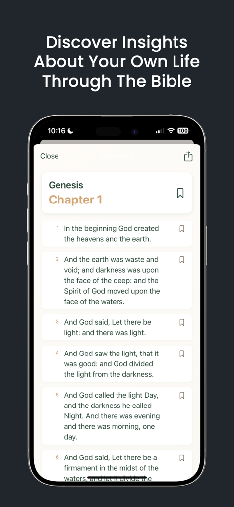 Logos: Bible Chat and Faith - Interfaz de la aplicación Logos Bible que muestra el primer capítulo del Génesis con varios versículos e íconos de marcadores.